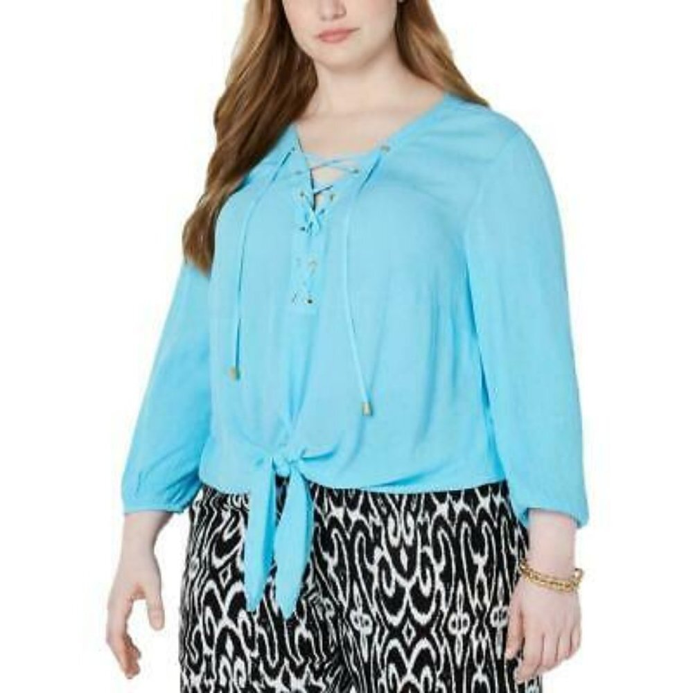 INC women plus‎ size 2X lace-up tie-front top peasant blouse light blue